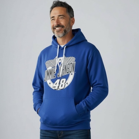 Jimmy Johnson #48 NASCAR Hoodie Men’s Sz M Blue Pullover Sweatshirt Racing Flags - Picture 1 of 9